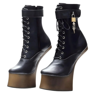 Black high hoof heel platform boots with gold lock charm on a white background